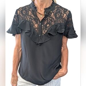 Rebecca Taylor Black Silk Lace Ruffle Blouse Top Size 6 Feminine Romantic